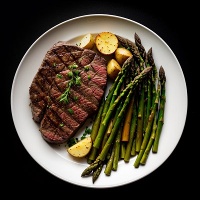 steak, beef, food, dinner, asparagus, potatoes, vegetables, grilled, fresh, cooking, protein, spiced, roasted, plate, delicious, flavorful, nutritious, garlic, rosemary, classic