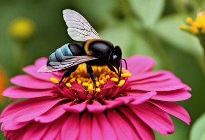 bee, carpenter bee, zinnia, flower, pollination, close-up, garden, nature, summer, blue, pink, sea, biotope, insect, iridescent, entomology, winged, ecosystem, alive, natural