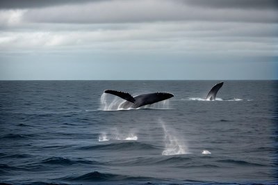 ocean, whale, fin, horizon, nature, wildlife, steel blue, water, rise, waves, travel, vacation, landscape, marine, back, splash, marine life, sea animal, natural world, observation