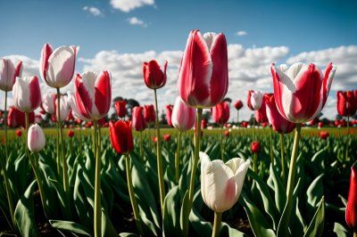 tulip, field, blooming, red, white, blue sky, flower background, netherlands, beautiful flowers, spring, flowers, horticulture, flower wallpaper, tourism, nature, park, clear day, landscape, surroundings, garden, decorative, romantic, escape, peaceful