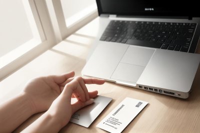hand, business card, computer, laptop, window, table, hand with business card near laptop, work surface, office desk, close-up, hand work, keyboard, blank business card, daylight illumination, top view, office environment, holding, casual business, side lighting