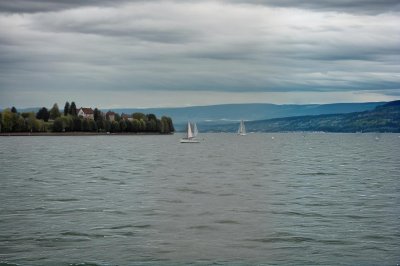 lake constance, friedrichshafen, germany, sailboat, nature, landscape, sailing, lake, haze, blue water, coastline, island, recreation, reflection, summertime, calm, purity, telescope, relaxing