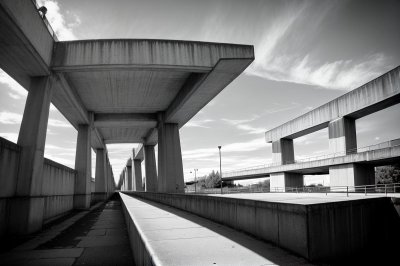 brutalism, concrete, bridge, architecture, perspective, urban, geometric, shadows, modern, minimalist, design, dramatic, structure, bold, strong, infrastructure, pathway, architectural photography, railings, clean design, sky view