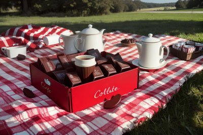 chocolate, red box, picnic blanket, coffee cups, outdoor scene, dessert, snacks, romantic setup, gifts, valentine's day, sweet treats, food, picnic, tabletop, heart shape, park, afternoon snack, tea time, relaxation, natural environment