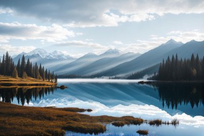 lake, mountains, nature, mist, blue sky, reflection, tranquility, sunset, contemplation, winter, trees, calm water, landscape, green, hiking, adventure, tourist attraction, panorama, forest, central europe, hiking trail