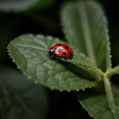 ladybug, leaf, outdoor, water, macro photography, fresh, dew, foliage, red, drops, nature, texture, wildlife, botanical, vivid colors, moisture, wild, life, small, insect
