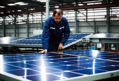 technician, solar panel, factory, industry, energy, renewable, electricity, sustainability, technology, blue, uniform, safety, engineering, production, worker, industrial, assembly, workplace, employee, assembly line
