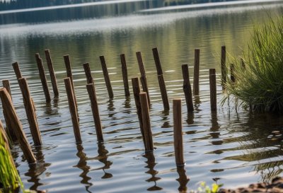 wooden stakes, water, nature, lake, wood, shoreline, lake water, decay, natural environment, deterioration, antiquity, ruin, low tide, natural decay, sunlight, blue-green, dilapidated, effect, gray-brown