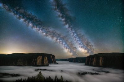 milky way, galaxy, stars, night, starry sky, nature, astronomy, space, cosmos, landscape, forest, mountain, scenery, cypress, dome, sky, starry night painting, nighttime, mountains, stargazing
