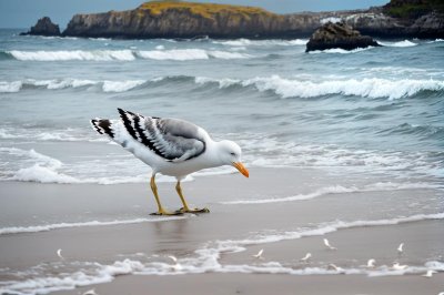 seagull, shell, beach, nature, ocean, animal, food, seabird, walking, sand, atlantic, coast, feed, stone, france, environment, rainy, gleam, gray, horizon