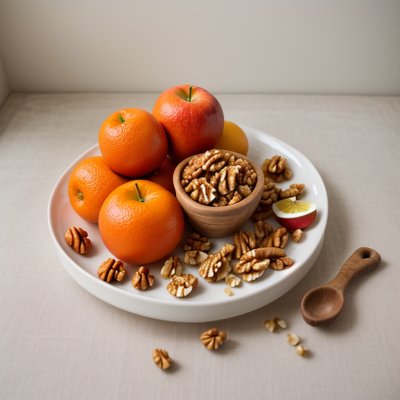 fruit, tangerines, apple, walnuts, hazelnuts, wood, plate, white background, wooden table, fresh food, healthy diet, autumn, vitamins, snack, vegetarianism, natural foods, nuts, dining, wooden floors