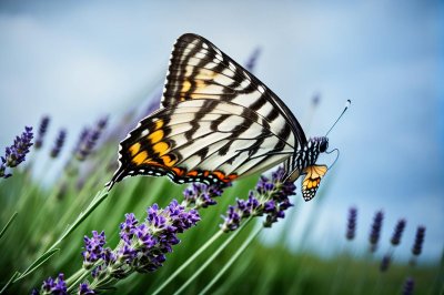butterfly, nature, summer, lavender, entomology, wild butterflies, wings, black and white, scarce swallowtail, blue background, close-up, winged insect, blue sky, natural beauty, natural habitat, detail, flying, freedom, pollen