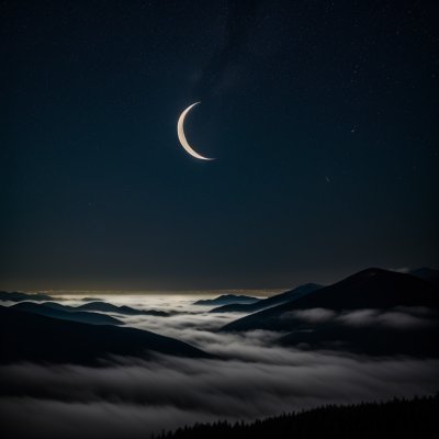 starry sky, moonlight, crescent moon, night mountains, mist, mountain valley, night sky, clear sky, tranquility, dawn, nature, peace, refreshing, dreamy, paradise, stars, mountain landscape, peaceful scenery, mystical atmosphere, poetic depiction