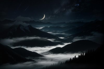 starry sky, moonlight, crescent moon, night mountains, mist, mountain valley, night sky, clear sky, tranquility, dawn, nature, peace, refreshing, dreamy, paradise, stars, mountain landscape, peaceful scenery, mystical atmosphere, poetic depiction