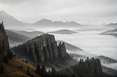 foggy, mountains, nature, landscape, hills, rocks, cliff, morning, mist, natural scenery, grey sky, view, countryside, wilderness, dry, beauty, scenic, charming