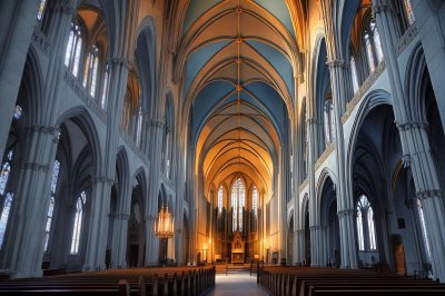 cathedral, gothic architecture, church interior, vault, pointed arches, columns, altar, church windows, stained glass windows, sacral building, historic church, architectural details, nave, religious architecture, medieval architecture, pews, stone church, sanctuary, lighting, buttress system