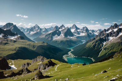 mountains, lake, alps, green, sky, nature, panorama, hiking, view, summer, clouds, valley, meadow, idyll, horizon, alpine, cirque, geology, nature reserve, landscape