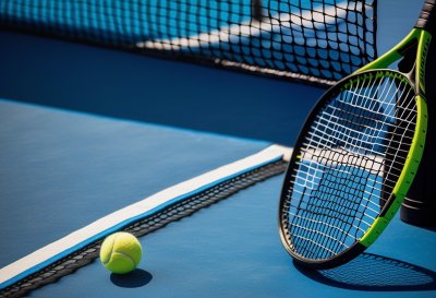 racket, tennis ball, blue court, net, court, sport, tennis, bright yellow, outdoor, tennis equipment, sports equipment, sunny weather, hobby, relaxation, activity, recreation, physical activity, fun, active lifestyle, playing field, surface