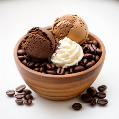 chocolate, ice cream, wooden bowl, coffee, coffee beans, creamy, wood, cold, delicious, flavorful, dessert, coffee ice cream, cream, sweet, waffle cones, treat, dairy product, dairy, texture, tasty
