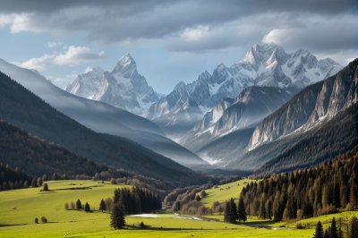 mountains, valley, alps, morning, nature, landscape, forests, trees, grass, calm, hiking, panorama, fresh air, tourism, summer day, vacation, meadow, blue sky, freshness, alpine landscape