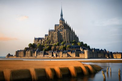 mont-saint-michel, historical architecture, medieval abbey, island, normandy, france, sunset, warm light, tourist attraction, coastal landscape, unesco world heritage, natural beauty, horizon, culture, romantic place, abstract, world heritage, medieval, tourism, landscape