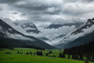 mountains, rain, valley, storm, meadows, landscape, nature, weather, clouds, sky, peak, morning, hiking, forest, cloudy, fog, green, trees, adventure, trail