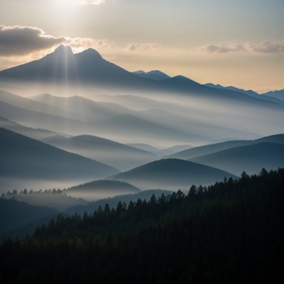misty mountains, sunbeams, mountain landscape, layered ridges, dramatic clouds, atmospheric light, early morning, silhouette forest, soft haze, serene nature
