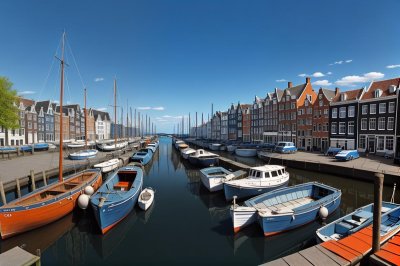 harbor, boats, water, canal, holland, blue sky, city, tourism, architecture, yacht, holiday, sailing, peaceful, bell tower, panorama, spire, greenery, daylight, view