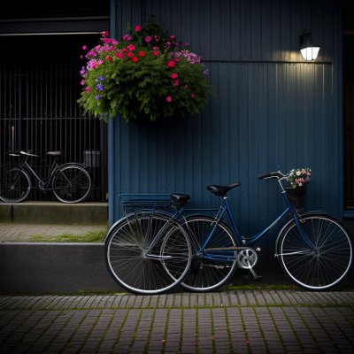 bicycle, flowers, decoration, netherlands, bike parking, blue, turquoise, bike basket, city, card, stationed, sunny, lighting, shadow, street, modern, brick, garden, ornament, touristic