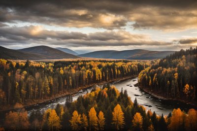 nature, forest, mountains, river, trees, sunset, autumn, panorama, clouds, path, clear water, play of light, hiking, landscape photography, wild landscape, clean air, beautiful scenery, dawn, tranquil place, rest in nature