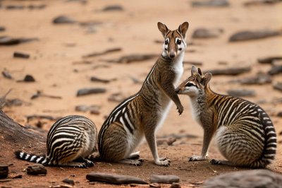 australian landscape, marsupial, nature, numbat, natural habitat, foraging, sunset, sand, dust, branches, australian wildlife, dry climate, wildlife, ancient trees, red clay, sunset rays, dry soil, gray fur, sunlight, wood chips, soft sand, protected species