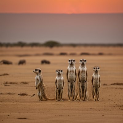 meerkats, savanna, standing, nature, biotope, animals, red earth, stone, day, desert, extreme weather, wildlife, sunny, observing, five, colony, hot, safety, desert landscape