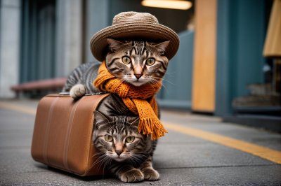 cat, hat, scarf, suitcase, travel, adventure, cute, pet, fashion, travel humor, fun, city, autumn, animal, style, vintage, costume, humor, train, cultural
