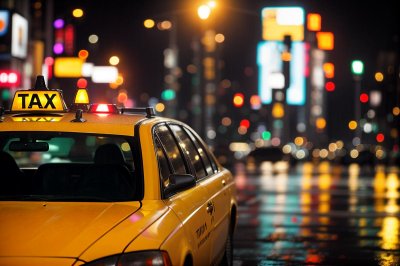taxi, city at night, traffic signal, yellow, lighting, rainy, street, nighttime, vehicle, rainy evening, stop sign, square, red light, stop traffic, reflective surface, traffic jam, sidewalk, raindrops, urban traffic, evening city