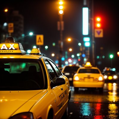 taxi, city at night, traffic signal, yellow, lighting, rainy, street, nighttime, vehicle, rainy evening, stop sign, square, red light, stop traffic, reflective surface, traffic jam, sidewalk, raindrops, urban traffic, evening city