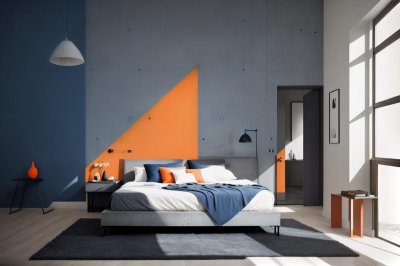 bedroom, modern, luxury, minimalism, interior, concrete wall, large windows, sunlight, carpet, design, architecture, bed, comfort, lofts, visualization, apartments, room layout, home style, light and shadow
