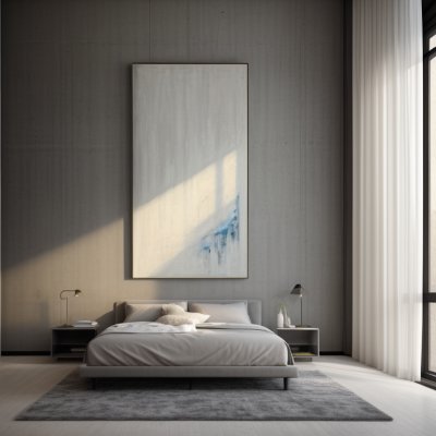 bedroom, modern, luxury, minimalism, interior, concrete wall, large windows, sunlight, carpet, design, architecture, bed, comfort, lofts, visualization, apartments, room layout, home style, light and shadow