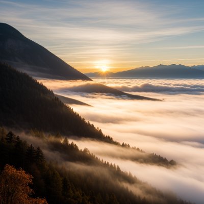 sunrise, golden hour, fog, cloud inversion, valley, mountain range, snow, winter, pine trees, forest, aerial view, drone view, landscape, nature, scenic, outdoors, east, mountains, view, magical, sunset