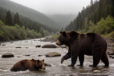 bear, nature, animal, mammal, predator, wildlife, river, forest, autumn, mountain landscape, wilderness, trees, hiking, adventure, tranquility, ecosystem, riverbank, tree, wild, golden leaves