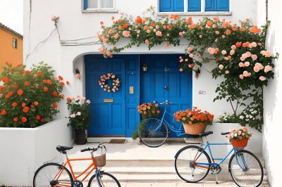 bicycle, roses, beautiful flowers, blue door, white walls, mediterranean, greece, summer, sunlight, charming, picturesque, flowers, basket, pink, architecture, traditional, flower background, flower wallpaper, idyllic, outdoor, nature, travel, terrace, vintage