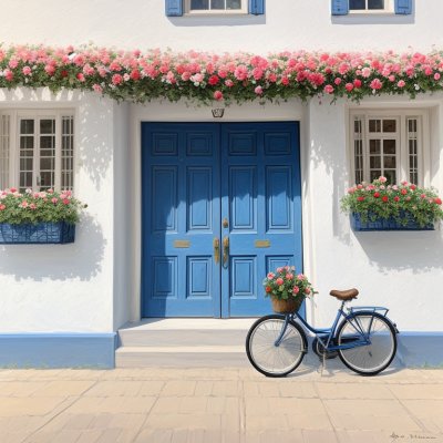bicycle, roses, beautiful flowers, blue door, white walls, mediterranean, greece, summer, sunlight, charming, picturesque, flowers, basket, pink, architecture, traditional, flower background, flower wallpaper, idyllic, outdoor, nature, travel, terrace, vintage