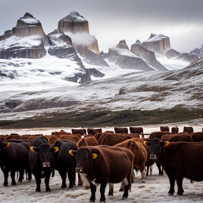 landscape, patagonia, cattle, mountains, snowy, nature, farm, spring, animals, ecotourism, tourism, latin america, livestock, agriculture, light, farming, hat, clear, rural