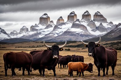 landscape, patagonia, cattle, mountains, snowy, nature, farm, spring, animals, ecotourism, tourism, latin america, livestock, agriculture, light, farming, hat, clear, rural