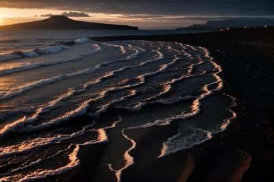 black sand, beach, sunset, volcanic, dunes, wavy pattern, golden light, landscape, travel, iceland, ocean, sand texture, sparkling, nature, summer evening, calm, scenery, natural beauty, sandy surface, tide