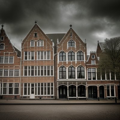 holland, historical architecture, houses, architecture, brick houses, windows, dutch architecture, mansion, exterior, cityscape, trees, blue sky, dutch townhouse, tree, decoration, balcony, open windows, tree in front of house, autumn season, antique houses