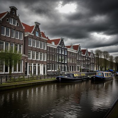 canal, netherlands, houseboat, architecture, landscape, water, grachten, landmark, house, building, river, western europe, outdoor, vacation, holiday, blue sky, tranquility, picturesque, touristic, urban