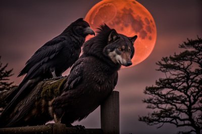 wolf, red moon, temple, japan, cloud, tree, strong, raven, silhouette, fog, landscape, rocks, wild, mystical, hellish, epic, gothic, storm, horror, dark, black