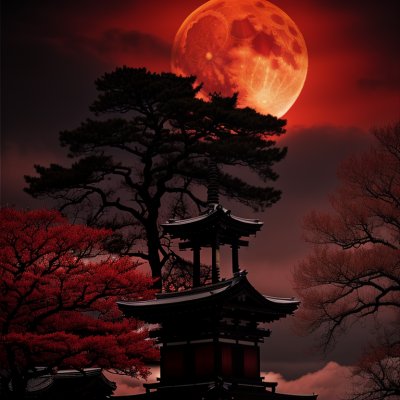 wolf, red moon, temple, japan, cloud, tree, strong, raven, silhouette, fog, landscape, rocks, wild, mystical, hellish, epic, gothic, storm, horror, dark, black