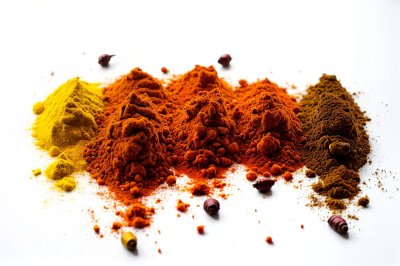 spice, turmeric, chilli, paprika, curry, pile, colorful, powder, white surface, spice mix, yellow, orange, red, brown, green, exotic, food photography, grinding, cultural, traditional