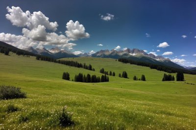 mountains, pasture, sky, clouds, trees, meadow, hiking, nature, panorama, grass, sunny, destination, recreation, tourist destination, outdoor, view, tranquility, flora, water